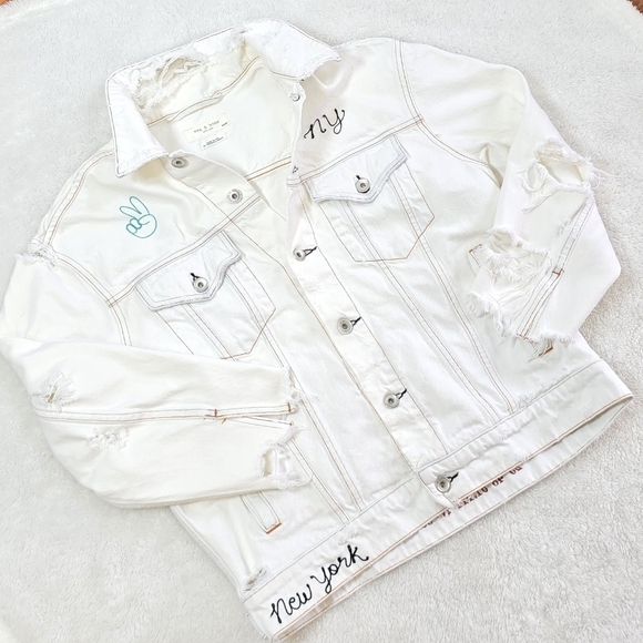 Rag & Bone Upcycled White Denim Jacket Embroidered Distressed Women's XS